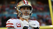 49ers tight end George Kittle stands for the National Anthem before the Super Bowl against the Chiefs.