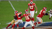 Patrick Mahomes winding up to throw in last years Super Bowl vs. the 49ers