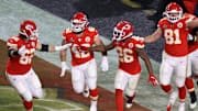 Damien Williams surrounded by Kansas City Chiefs teammates in Super Bowl LIV