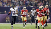 Ravens WR Jacoby Jones' returning kickoff in Super Bowl XLVII against the 49ers