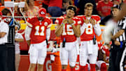Patrick Mahomes and Alex Smith on the sidelines during the Chiefs' 2017 wildcard against Tennessee.