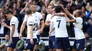 Spurs players celebrate Hojbjerg's strike