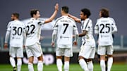 Weston McKennie (2nd from R) of Juventus FC celebrates with...