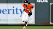 Now-New York Mets outfielder Jake Marisnick fielding a ball in the 2019 World Series