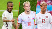 Raheem Sterling, Granit Xhaka et Kasper Dolberg. 