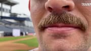 New York Yankees starting pitcher James Paxton gives fans a closeup of his newest facial hair