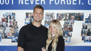 Rob Gronkowski and Camille Kostek attend the annual charity day hosted by Cantor Fitzgerald and The Cantor Fitzgerald Relief Fund on September 12, 2022 in New York City. 