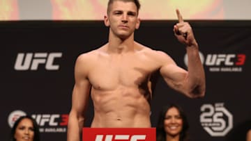 ATLANTIC CITY, NJ - APRIL 20: Dan Hooker of New Zealand poses on the scale during the UFC Fight Night weigh-in at the Boardwalk Hall on April 20, 2018 in Atlantic City, New Jersey. (Photo by Patrick Smith/Zuffa LLC/Zuffa LLC via Getty Images)