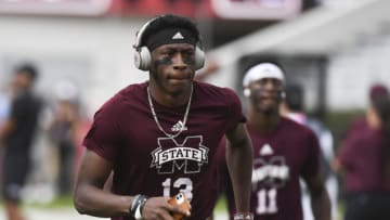 Oct 22, 2022; Tuscaloosa, Alabama, USA; Mississippi State Bulldogs defensive back Emmanuel Forbes (13) warms up before a game against the Alabama Crimson Tide at Bryant-Denny Stadium. Mandatory Credit: Gary Cosby Jr.-USA TODAY Sports