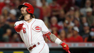 Sep 3, 2021; Cincinnati, Ohio, USA; Cincinnati Reds second baseman Jonathan India (6) hits a two run home run against the Detroit Tigers during the fifth inning at Great American Ball Park. Mandatory Credit: David Kohl-USA TODAY Sports
