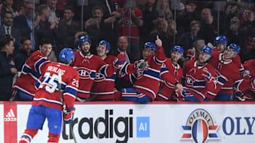 MONTREAL, QC - APRIL 6: Ryan Poehling #25 of the Montreal Canadiens celebrates with the bench after scoring a goal against the Toronto Maple Leafs in the NHL game at the Bell Centre on April 6, 2019 in Montreal, Quebec, Canada. (Photo by Francois Lacasse/NHLI via Getty Images)