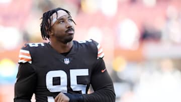 CLEVELAND, OHIO - OCTOBER 31: Myles Garrett #95 of the Cleveland Browns looks on as he walks off the field after a 15-10 loss to the Pittsburgh Steelers at FirstEnergy Stadium on October 31, 2021 in Cleveland, Ohio. (Photo by Nick Cammett/Getty Images)