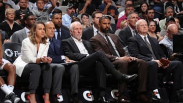 SAN ANTONIO, TX - OCTOBER 7: the the San Antonio Spurs coaching staff looks on against the Houston Rockets on October 7, 2018 at AT&T Center, in San Antonio, Texas. NOTE TO USER: User expressly acknowledges and agrees that, by downloading and/or using this Photograph, user is consenting to the terms and conditions of the Getty Images License Agreement. Mandatory Copyright Notice: Copyright 2018 NBAE (Photo by Nathaniel S. Butler/NBAE via Getty Images)