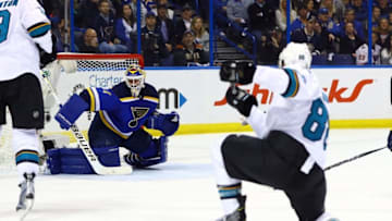 May 17, 2016; St. Louis, MO, USA; San Jose Sharks defenseman Brent Burns (88) scores a goal against St. Louis Blues goalie Brian Elliott (1) during the second period in game two of the Western Conference Final of the 2016 Stanley Cup Playoff at Scottrade Center. Mandatory Credit: Billy Hurst-USA TODAY Sports