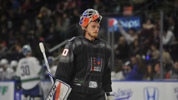 BRIDGEPORT, CT - DECEMBER 2: Kristers Gudlevskis #70 of the Bridgeport Sound Tigers skates onto the ice during a game against the Utica Comets at the Webster Bank Arena on December 2, 2017 in Bridgeport, Connecticut. (Photo by Gregory Vasil/Getty Images)