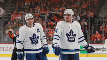 John Tavares #91 and Auston Matthews #34 of the Toronto Maple Leafs prepare for a first period faceoff against the Philadelphia Flyers at the Wells Fargo Center on March 27, 2019 in Philadelphia, Pennsylvania. (Photo by Bruce Bennett/Getty Images)