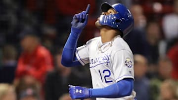 BOSTON, MA - MAY 1: Jorge Soler #12 of the Kansas City Royals celebrates after hitting a three run home run against the Boston Red Sox during the thirteenth inning at Fenway Park on May 1, 2018 in Boston, Massachusetts. (Photo by Maddie Meyer/Getty Images)