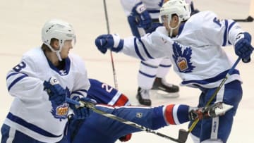 Amerks Andrew MacWilliam (2) takes a big during Calder Cup Playoffs against the Toronto Marlies.Amerks19 5