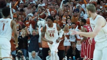Feb 27, 2016; Austin, TX, USA; Texas Longhorns center Prince Ibeh (44) reacts against the Oklahoma Sooners during the second half at the Frank Erwin Special Events Center. The Longhorns won 76-63. Mandatory Credit: Brendan Maloney-USA TODAY Sports