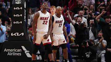 Jimmy Butler #22 of the Miami Heat reacts after blocking a shot against the Atlanta Hawks(Photo by Mark Brown/Getty Images)