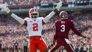Nov 28, 2015; Columbia, SC, USA; Clemson Tigers cornerback Mackensie Alexander (2) blocks the pass intended for South Carolina Gamecocks wide receiver D.J. Neal (3) during the first half at Williams-Brice Stadium. Mandatory Credit: Joshua S. Kelly-USA TODAY Sports