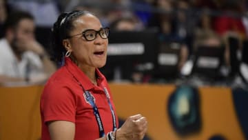 US' head coach Dawn Staley gestures during the FIBA 2018 Women's Basketball World Cup final match between Australia and United States at the Santiago Martin arena in San Cristobal de la Laguna on the Canary island of Tenerife on September 30, 2018. (Photo by JAVIER SORIANO / AFP) / The erroneous mention[s] appearing in the metadata of this photo by JAVIER SORIANO has been modified in AFP systems in the following manner: [US' head coach Dawn Staley] instead of [Australia's head coach Sandy Brondello]. Please immediately remove the erroneous mention[s] from all your online services and delete it (them) from your servers. If you have been authorized by AFP to distribute it (them) to third parties, please ensure that the same actions are carried out by them. Failure to promptly comply with these instructions will entail liability on your part for any continued or post notification usage. Therefore we thank you very much for all your attention and prompt action. We are sorry for the inconvenience this notification may cause and remain at your disposal for any further information you may require. (Photo credit should read JAVIER SORIANO/AFP/Getty Images)