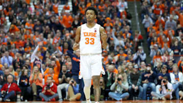 SYRACUSE, NY - FEBRUARY 20: Elijah Hughes #33 of the Syracuse Orange reacts to a made basket against the Louisville Cardinals during the second half at the Carrier Dome on February 20, 2019 in Syracuse, New York. Syracuse defeated Louisville 69-49. (Photo by Rich Barnes/Getty Images)