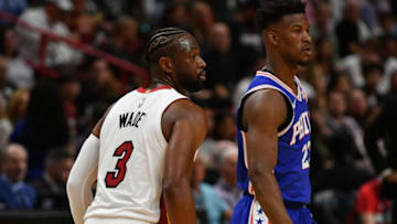 Dwyane Wade #3 of the Miami Heat in action against Jimmy Butler #23 (Photo by Mark Brown/Getty Images)