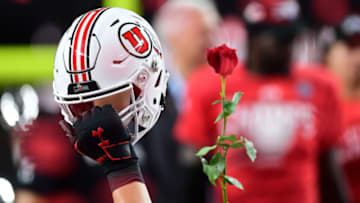 December 3, 2021; Las Vegas, NV, USA; Utah Utes helmet pictured with rose following the victory against the Oregon Ducks in the 2021 Pac-12 Championship Game at Allegiant Stadium. Mandatory Credit: Gary A. Vasquez-USA TODAY Sports
