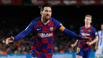 BARCELONA, SPAIN - MARCH 07: Lionel Messi of FC Barcelona celebrates the 1-0 during the Liga match between FC Barcelona and Real Sociedad at Camp Nou on March 07, 2020 in Barcelona, Spain. (Photo by Eric Alonso/MB Media/Getty Images)