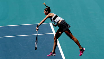 MIAMI GARDENS, FLORIDA - MARCH 23: Petra Kvitova of Czech Republic sevres to Donna Vekic of Crotia during the Miami Open Presented by Itau at Hard Rock Stadium March 23, 2019 in Miami Gardens, Florida.(Photo by Matthew Stockman/Getty Images)