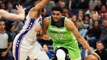 MINNEAPOLIS, MN - MARCH 30: Karl-Anthony Towns #32 of the Minnesota Timberwolves drives to the basket. (Photo by Hannah Foslien/Getty Images)