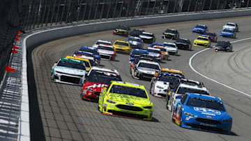 JOLIET, IL - JULY 01: Ryan Blaney, driver of the #12 PPG Ford, and Paul Menard, driver of the #21 Menards/Sylvania Ford (Photo by Dylan Buell/Getty Images)