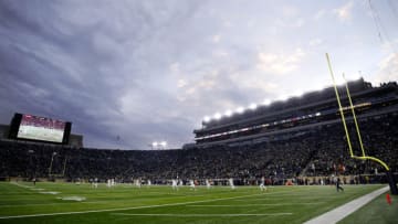 A general view from field level as the Notre Dame Fighting Irish play against the Boston College Eagles during a game at Notre Dame Stadium on November 23, 2019 in South Bend, Indiana. Notre Dame defeated Boston College 40-7. (Photo by Joe Robbins/Getty Images)