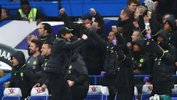 LONDON, ENGLAND - FEBRUARY 25: Antonio Conte, Manager of Chelsea celebrates his sides goal during the Premier League match between Chelsea and Swansea City at Stamford Bridge on February 25, 2017 in London, England. (Photo by Clive Rose/Getty Images)