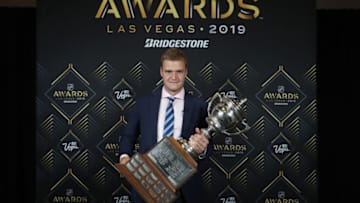 LAS VEGAS, NEVADA - JUNE 19: Aleksander Barkov of the Florida Panthers poses with the Lady Byng Memorial Trophy awarded to the player who exemplifies the best type of sportsmanship and gentlemanly conduct combined with a high standard of playing ability during the 2019 NHL Awards at the Mandalay Bay Events Center on June 19, 2019 in Las Vegas, Nevada. (Photo by Bruce Bennett/Getty Images)