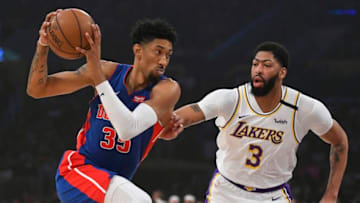 LOS ANGELES, CA - JANUARY 05: Anthony Davis #3 of the Los Angeles Lakers guards Christian Wood #35 of the Detroit Pistons at Staples Center on January 5, 2020 in Los Angeles, California. NOTE TO USER: User expressly acknowledges and agrees that, by downloading and/or using this photograph, user is consenting to the terms and conditions of the Getty Images License Agreement. (Photo by John McCoy/Getty Images)