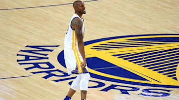 Jun 2, 2016; Oakland, CA, USA; Golden State Warriors forward Andre Iguodala (9) reacts after a basket during the third quarter against the Cleveland Cavaliers in game one of the NBA Finals at Oracle Arena. Mandatory Credit: Kyle Terada-USA TODAY Sports
