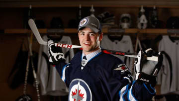 PITTSBURGH, PA - JUNE 23: Lukas Sutter, 39th overall pick by the Winnipeg Jets, poses for a portrait during the 2012 NHL Entry Draft at Consol Energy Center on June 23, 2012 in Pittsburgh, Pennsylvania. (Photo by Gregory Shamus/NHLI via Getty Images)