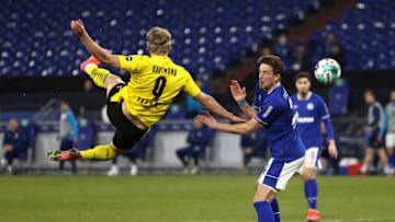 Erling Haaland scored a stunning scissor kick against Schalke (Photo by Lars Baron/Getty Images)