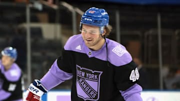 Mar 15, 2021; New York, New York, USA; Wearing a "Hockey Fights Cancer" jersey, Brendan Lemieux #48 of the New York Rangers skates in warm-ups prior to the game against the Philadelphia Flyers at Madison Square Garden on March 15, 2021 in New York City. Mandatory Credit: Bruce Bennett/POOL PHOTOS-USA TODAY Sports