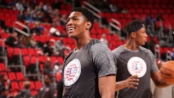 DETROIT, MI - NOVEMBER 8: Ike Anigbogu #13 of the Indiana Pacers warms up before the game against the Detroit Pistons on November 8, 2017 at Little Caesars Arena in Detroit, Michigan. NOTE TO USER: User expressly acknowledges and agrees that, by downloading and/or using this photograph, User is consenting to the terms and conditions of the Getty Images License Agreement. Mandatory Copyright Notice: Copyright 2017 NBAE (Photo by Brian Sevald/NBAE via Getty Images)