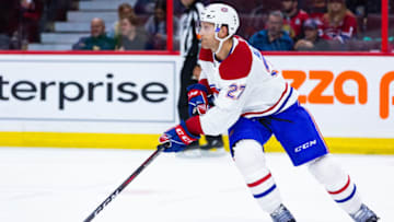OTTAWA, ON - SEPTEMBER 29: Montreal Canadiens defenseman Karl Alzner (27) skates with the puck during second period National Hockey League preseason action between the Montreal Canadiens and Ottawa Senators on September 29, 2018, at Canadian Tire Centre in Ottawa, ON, Canada. (Photo by Richard A. Whittaker/Icon Sportswire via Getty Images)