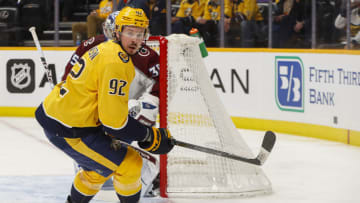 Ryan Johansen #92 of the Nashville Predators plays against the Colorado Avalanche at Bridgestone Arena on January 11, 2022 in Nashville, Tennessee. (Photo by Frederick Breedon/Getty Images)