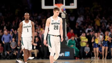 NEW YORK, NY - MARCH 03: Matt McQuaid #20 and Joshua Langford #1 of the Michigan State Spartans react following their 75-64 loss to the Michigan Wolverines during semifinals of the Big 10 Basketball Tournament at Madison Square Garden on March 3, 2018 in New York City. (Photo by Abbie Parr/Getty Images)
