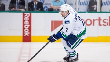 Nov 27, 2015; Dallas, TX, USA; Vancouver Canucks defenseman Dan Hamhuis (2) skates against the Dallas Stars during the game at the American Airlines Center. The Stars defeat the Canucks 3-2 in the overtime shootout. Mandatory Credit: Jerome Miron-USA TODAY Sports