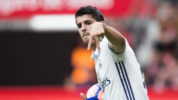 GIJON, SPAIN - APRIL 15: Alvaro Morata of Real Madrid celebrates after scoring his team's second goal during the La Liga match between Real Sporting de Gijon and Real Madrid at Estadio El Molinon on April 15, 2017 in Gijon, Spain. (Photo by Juan Manuel Serrano Arce/Getty Images)