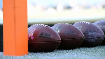 Oct 20, 2013; Charlotte, NC, USA; A view of footballs with pink breast cancer awareness logos before the game between the Carolina Panthers and the St. Louis Rams at Bank of America Stadium. Mandatory Credit: Sam Sharpe-USA TODAY Sports