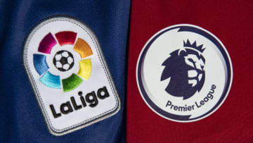 MANCHESTER, ENGLAND - FEBRUARY 11: The La Liga and Premier League logos on football shirt sleeves on February 11th, 2021 in Manchester, United Kingdom. (Photo by Visionhaus/Getty Images)