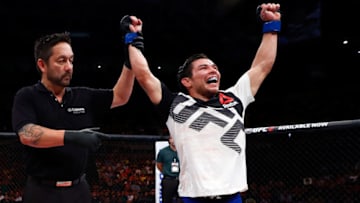 FORTALEZA, BRAZIL - MARCH 11: Ray Borg celebrates his decision victory over Jussier Formiga of Brazil in their flyweight bout during the UFC Fight Night event at CFO - Centro de Formaco Olimpica on March 11, 2017 in Fortaleza, Brazil. (Photo by Buda Mendes/Zuffa LLC/Zuffa LLC via Getty Images)